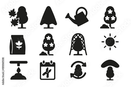 Seasonal Topiary Icons. Solid style icons of seasonal topiary care: autumn leaves, frost cover cloth, watering can, mulch pile,