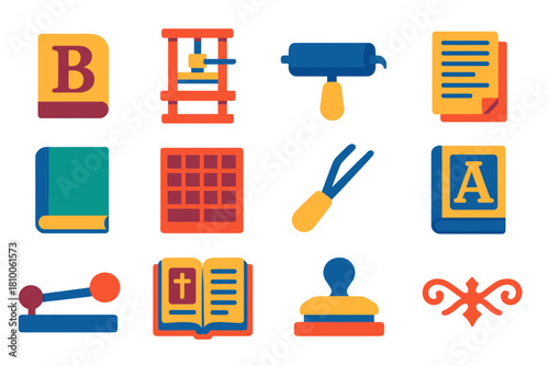 Gutenberg Printing Icons. Flat vector icons of Gutenberg printing era: movable type block, wooden press, ink roller, printed sheet