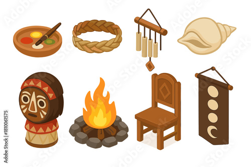 Cultural Ritual Artifacts. Isometric vector illustration set of Cultural rituals: ceremonial paint dish, woven crown, ritual wind