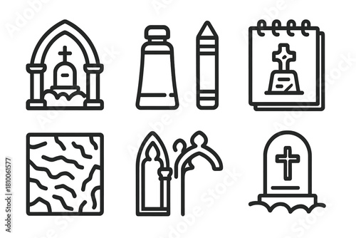 Cemetery Tourism Icons. Line style icons of Cemetery Tourism: heritage cemetery logo, grave rubbing kit, detail sketchbook, stone