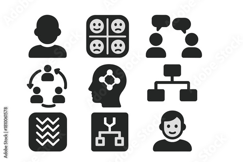 Human Behavior Icons. Solid style icons of human behavior simulations: avatar expression icon, emotion grid badge, social