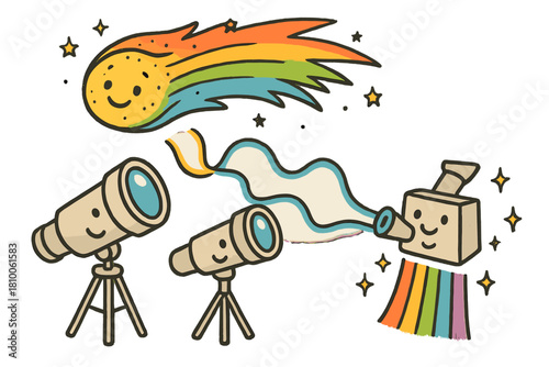 Spectroscopy Fun. Playful doodle cometary spectroscopy illustration with happy telescopes, cartoon light beams analyzing colorful