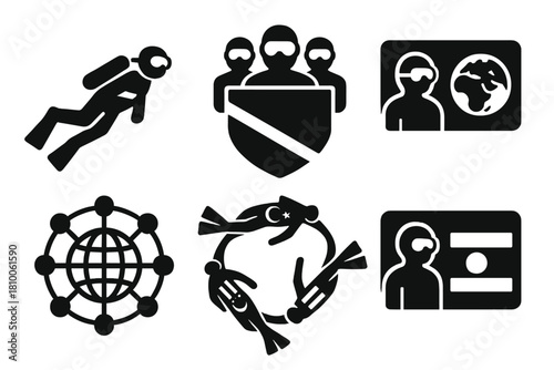 International Dive Icons. Solid style icons of international dive teams: national flag suit icon, country group badge, world meet