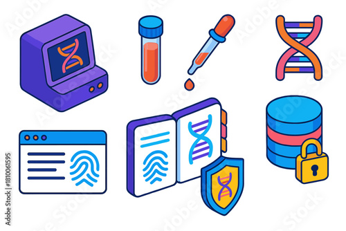 Biometric Technology Icons. Isometric vector illustration set Biometric authentication – DNA sequencer, sample vial, pipette; DNA