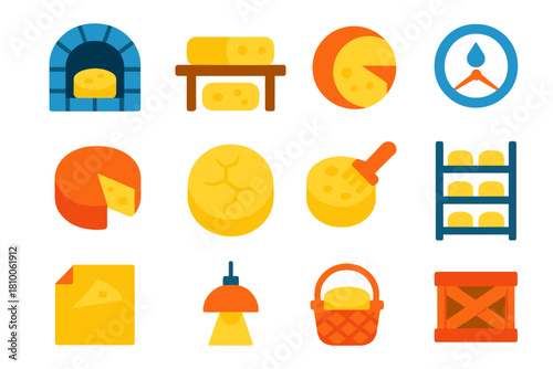 Cheese Aging Icons. Flat vector icons of Cheese Aging Process: cheese cave, wooden shelf, aging wheel, humidity gauge, wax coating
