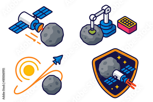 Space Exploration Icons. Isometric vector illustration set Space exploration – comet rendezvous, nucleus shape, jets plume;