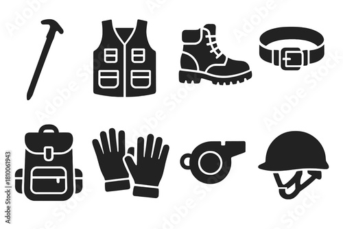 Survival Gear Icons. Solid style icons of survival gear for tours: walking stick glyph, utility vest icon, boots badge. Tool belt
