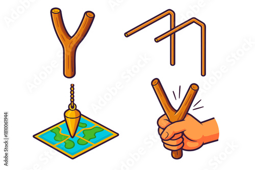 Dowsing Tools Illustration. Isometric vector illustration set Dowsing Tools: Wooden Y-shaped divining rod, copper L-rods, pendulum