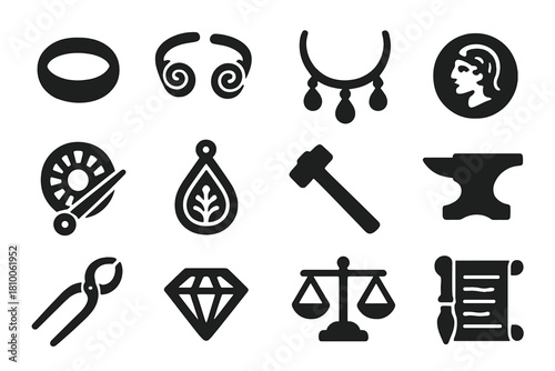 Ancient Jewelry Icons. Solid style icons of ancient jewelry and small metalwork: ring, bracelet, necklace, coin, brooch, pendant,