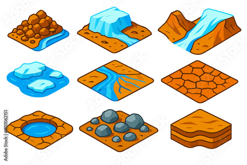 Vivid Glacial Landscape. Isometric vector illustration set Glacial Retreat: terminal moraine debris, blue meltwater stream,