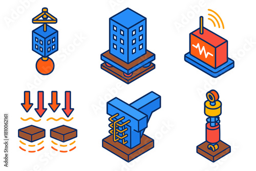 Earthquake Damping Systems. Isometric vector illustration set Earthquake Damping Systems: tuned mass damper, base isolation