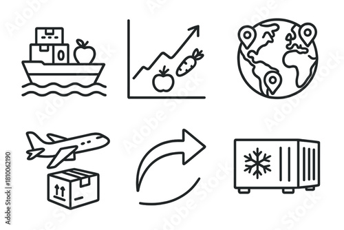 Global Food Distribution Icons. Line style icons of Global Food Distribution: cargo ship with crates, food export chart,