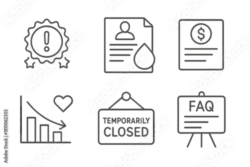 Crisis Communication Icons. Line style icons of customer communication during crisis: service update badge, apology letter icon,