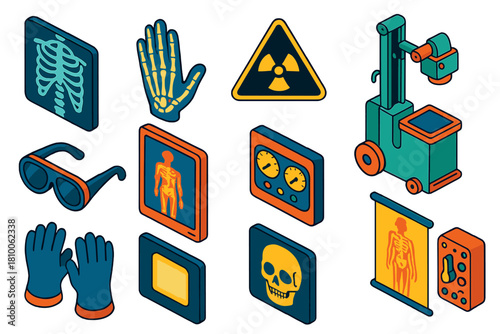Vintage Radiology Icons. Isometric vector illustration set Vintage Radiology: medical X-ray plate, skeletal hand view, antique
