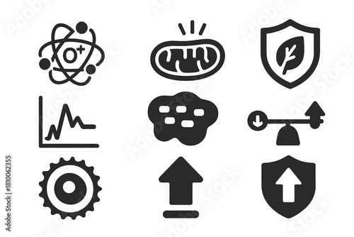 Oxidative Stress Icons. Solid style icons of oxidative stress exposure: reactive oxygen icon, mitochondria with stress waves,