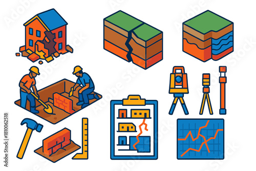 Archaeoseismology Isometric Icons. Isometric vector illustration set Archaeoseismology: collapsed structures, wall offsets,