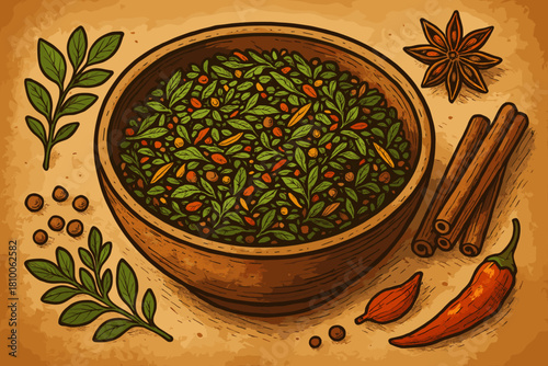 Herbs and Spices Bowl. Vibrant blend of dried herbs vector illustration and spices arranged in a rustic bowl, rich earthy tones,