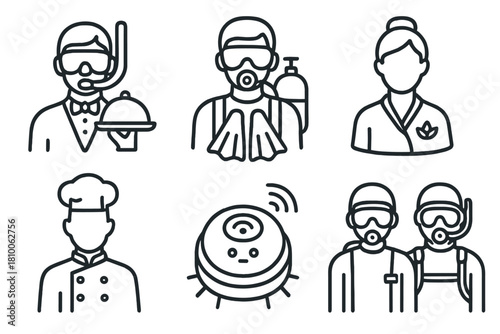 Underwater Service Icons. Line style icons of staff and services: underwater butler icon, marine guide with fins, spa therapist in