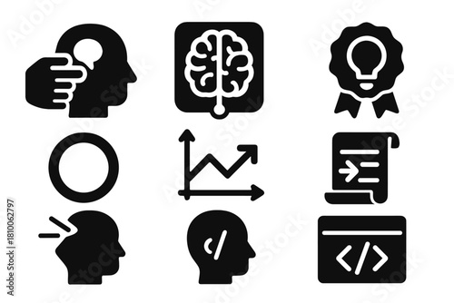 Icons of Subconscious Tools. Solid style icons of subconscious programming tools: thought implant icon, neuro-symbol glyph,