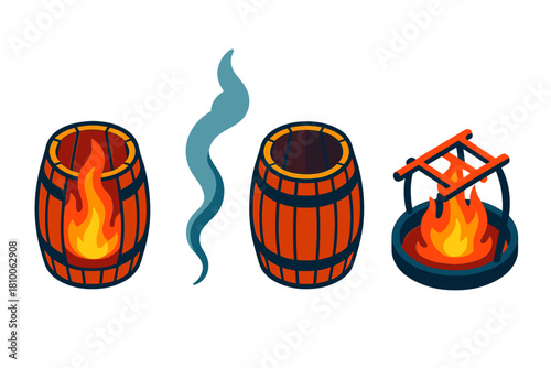 Barrel Toasting Vector. Isometric vector illustration set Barrel Toasting Scene: Open flame inside barrel, rising smoke trail,