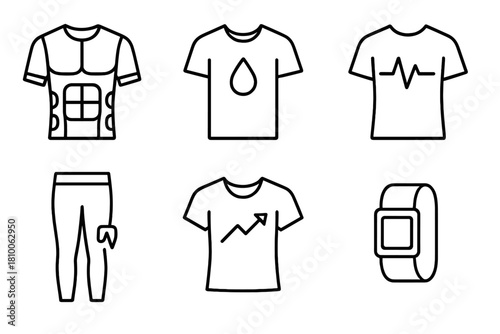 Smart Fitness Fabric Icons. Line style icons of sports and fitness smart fabrics: compression sensor shirt, sweat-reactive tee,