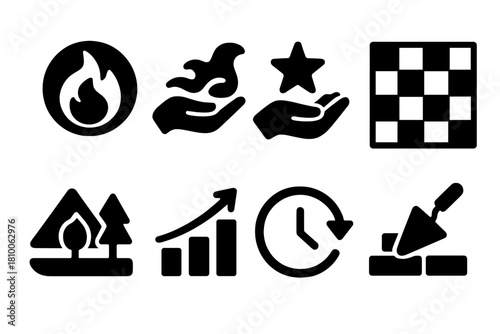 Dream Control Icons. Solid style icons of dream control abilities: fire conjure glyph, water bend icon, summon hand badge. Reality