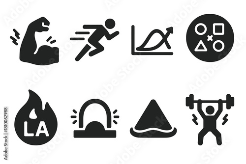 Exercise Stress Icons. Solid style icons of exercise as stressor: muscle under tension icon, sprint wave glyph, adaptive curve