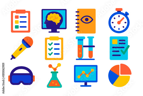 Modern Psychology Tools Icons. Flat vector icons of psychological study tools for rituals: questionnaire, brain scan, observation