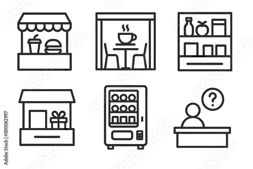 Station Retail Icons. Line style icons of retail and services at station: food kiosk symbol, café inside terminal, mini-market