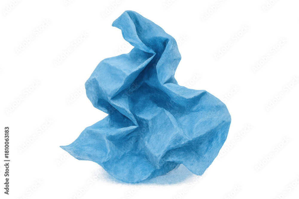 Fototapeta premium Crumpled blue paper texture creating abstract patterns, showing waste, garbage, and mess on transparent background