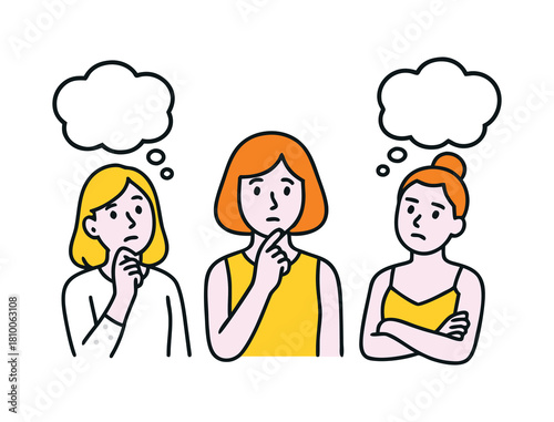 Three thoughtful women expressing curiosity, doubt, reflection with empty thought bubbles