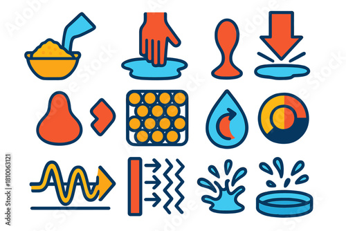 Shear-Thickening Fluid Icons. Flat vector icons of oobleck and shear-thickening fluids: cornstarch mixture, hand pressing, impact