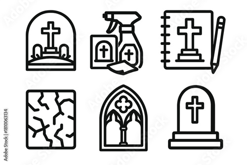 Cemetery Tourism Icons. Line style icons of Cemetery Tourism: heritage cemetery logo, grave rubbing kit, detail sketchbook, stone