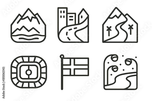 Global Ice Cross Icons. Line style icons of global ice cross locations: mountain range map, urban street icon, arctic slope trail,