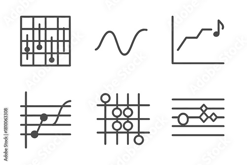 Music Analysis Icons. Line style icons of Comparative Music Analysis: rhythm vs pitch grid, melodic contour line, tempo variation