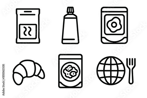 International Space Cuisine Icons. Line style icons of international space food: Japanese miso soup pack, Russian tube meal,