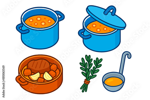 Cooking Techniques Icons. Isometric vector illustration set Cooking techniques – deep saucepan, simmer bubbles, lid tilt; braising