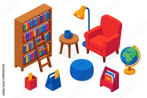 Vibrant Home Library. Isometric vector illustration set Interior layout – home library armchair, reading lamp, bookcase; ladder