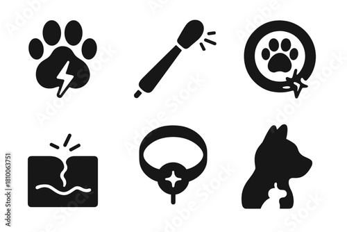 Veterinary Plasma Icons. Solid style icons of veterinary plasma use: pet paw with plasma arc, animal care tool, non-contact