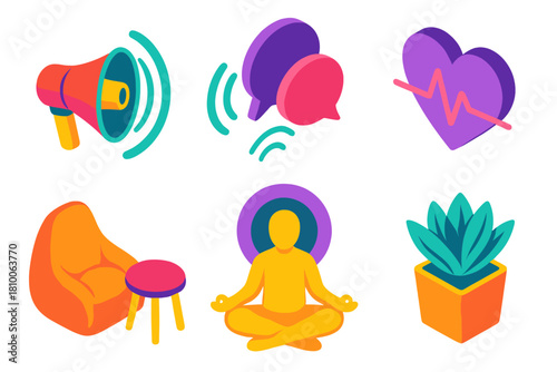 Sound Therapy Icons. Isometric vector illustration set Sound therapy – megaphone speaker, sound waves, echo bubbles; relaxation
