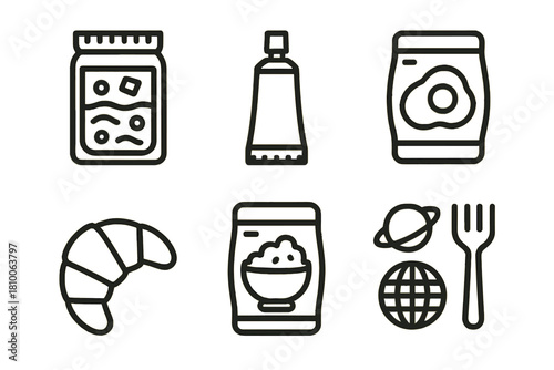 International Space Cuisine Icons. Line style icons of international space food: Japanese miso soup pack, Russian tube meal,