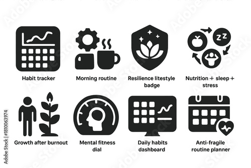 Resilience Icon Set. Solid style icons of personal systems for resilience: habit tracker with strength curve, morning routine gear