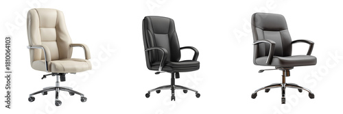 Set of Comfortable executive office chair with lumbar support and cushioned seat, cadeira de escritorio, ergonomic shape on transparent png background. Ai generated