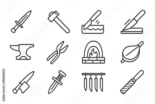 Edge Craft Icons. Line style icons of Edge Craft: Forged Steel, Hammer, Oil Quench, Whetstone; Anvil, Tongs, Forge, Bellows; Blade