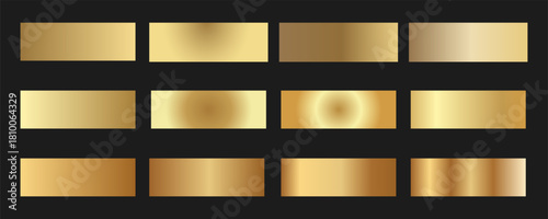 Elegant classic gold gradient swatches collection. Metallic textures with polished foil shine and satin smooth. Glossy palette for premium and luxury designs and branding