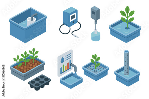 Isometric Aquaponics Systems. Isometric vector illustration set of Aquaponics systems: sump tank filter bag, automatic dosing pump