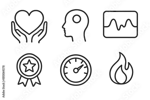 Emotional Intelligence Icons. Line style icons of emotional intelligence: empathy heart, self-awareness icon, emotion wave chart,