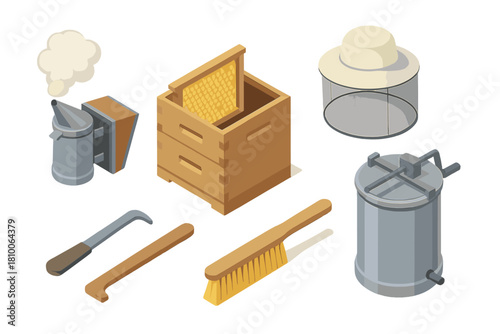 Beekeeping Tools Isometric Art. Isometric vector illustration set Beekeeping tools: smoker with billowing smoke, beehive box with