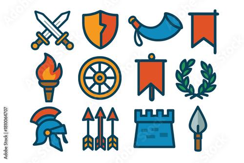 Ancient Battle Icons. Flat vector icons of Ancient Battlefield Symbols: crossed swords, broken shield, war horn, flaming torch,