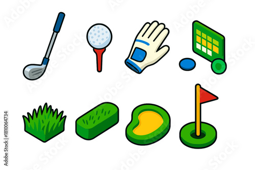 Golf Equipment Icons. Isometric vector illustration set Outdoor sports – golf club, golf ball, tee peg; golf glove, scorecard,